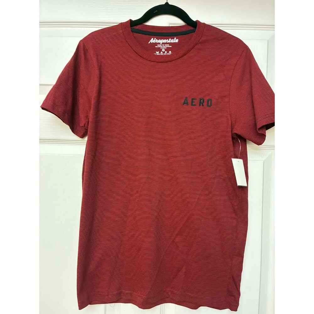 Aeropostale Men's Medium Red Black Stripe Crewneck‎ T-Shirt Logo NWT